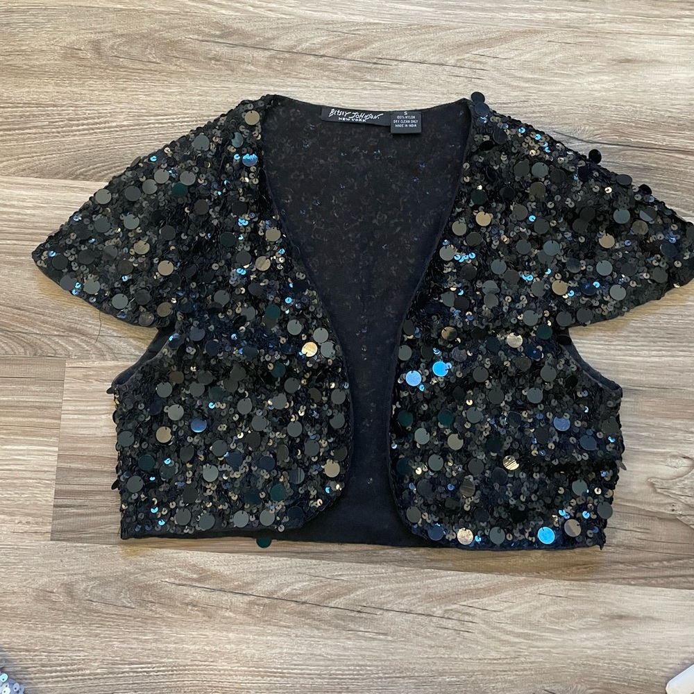 Betsy Johnson black sequin bolero, size Small, circa 2005